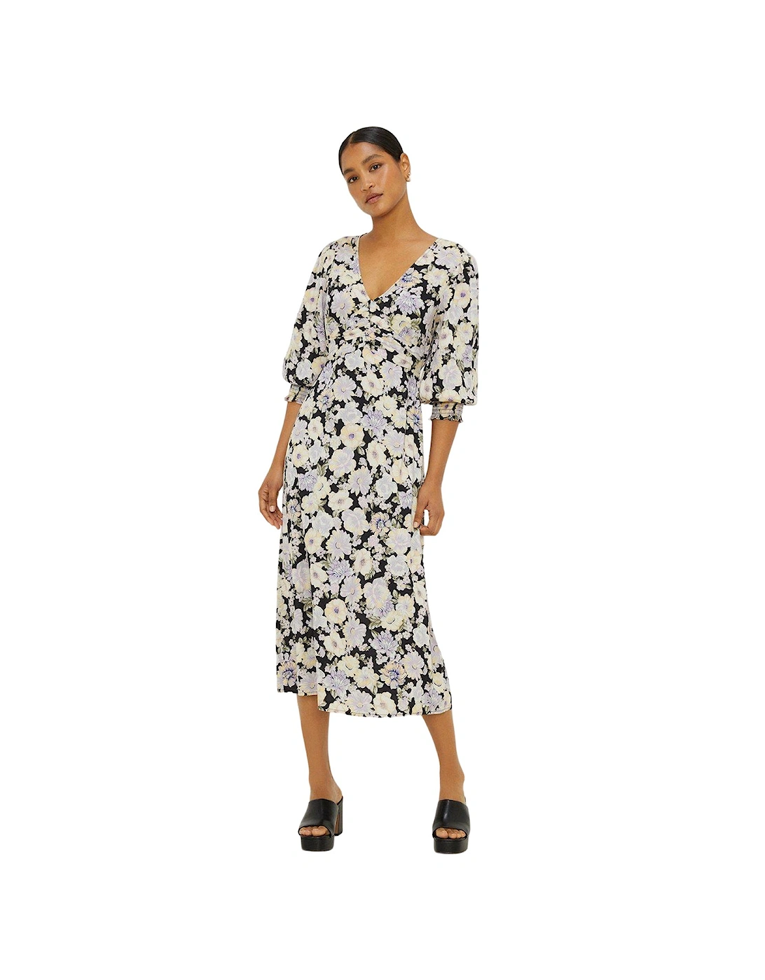 Womens/Ladies Floral Ruched Front Midi Dress, 4 of 3