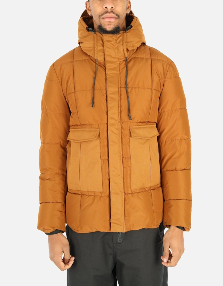 Box Quilt Hooded Tan Brown Puffer Jacket