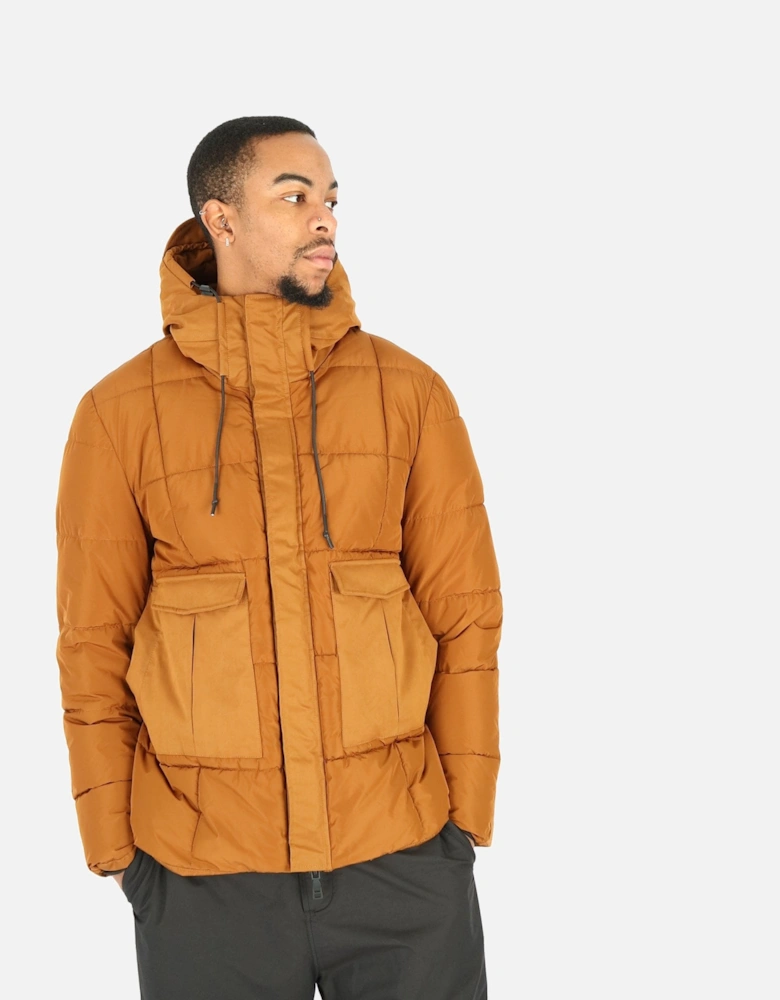 Box Quilt Hooded Tan Brown Puffer Jacket