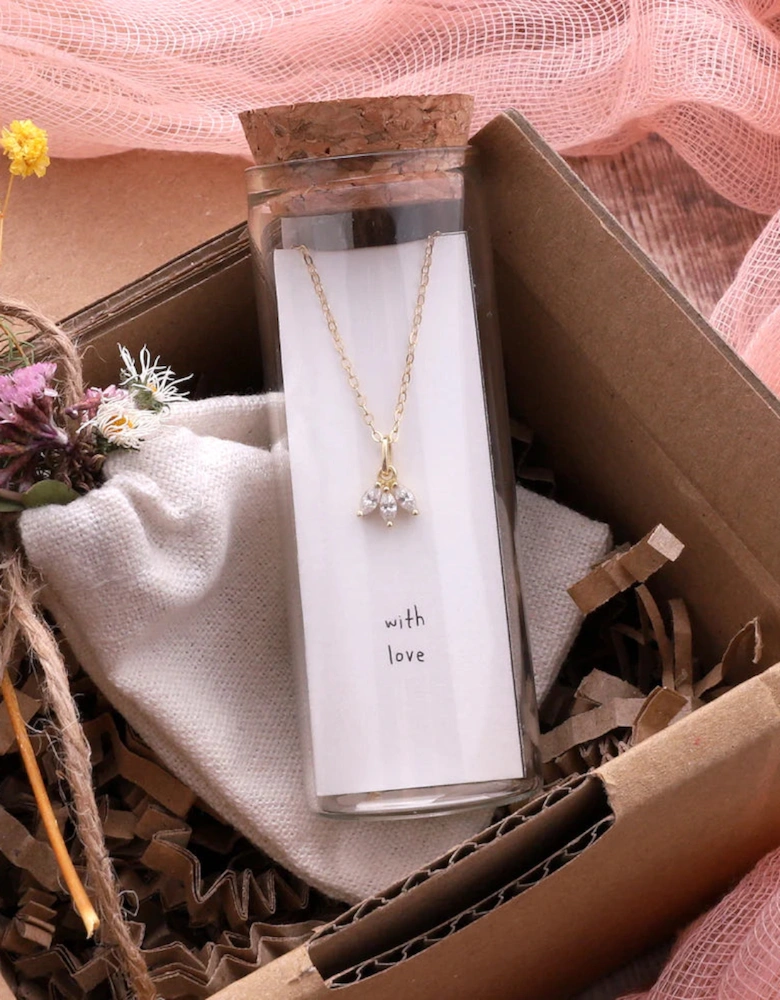 Three Crystal Flower Necklace 14k Gold