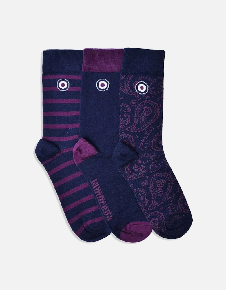 Mens 3 Pack Paisley Patterned Crew Length Socks - Navy Danube 6-11 UK