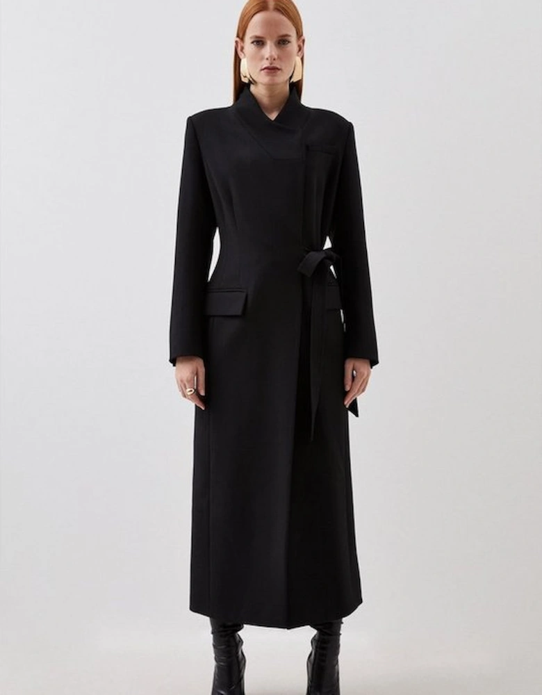 Compact Stretch Asymmetric Side Belted Maxi Coat