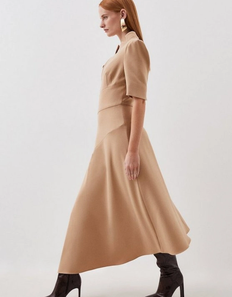 Tailored Structured Crepe Forever Drape Detail Short Sleeve Midi Dress