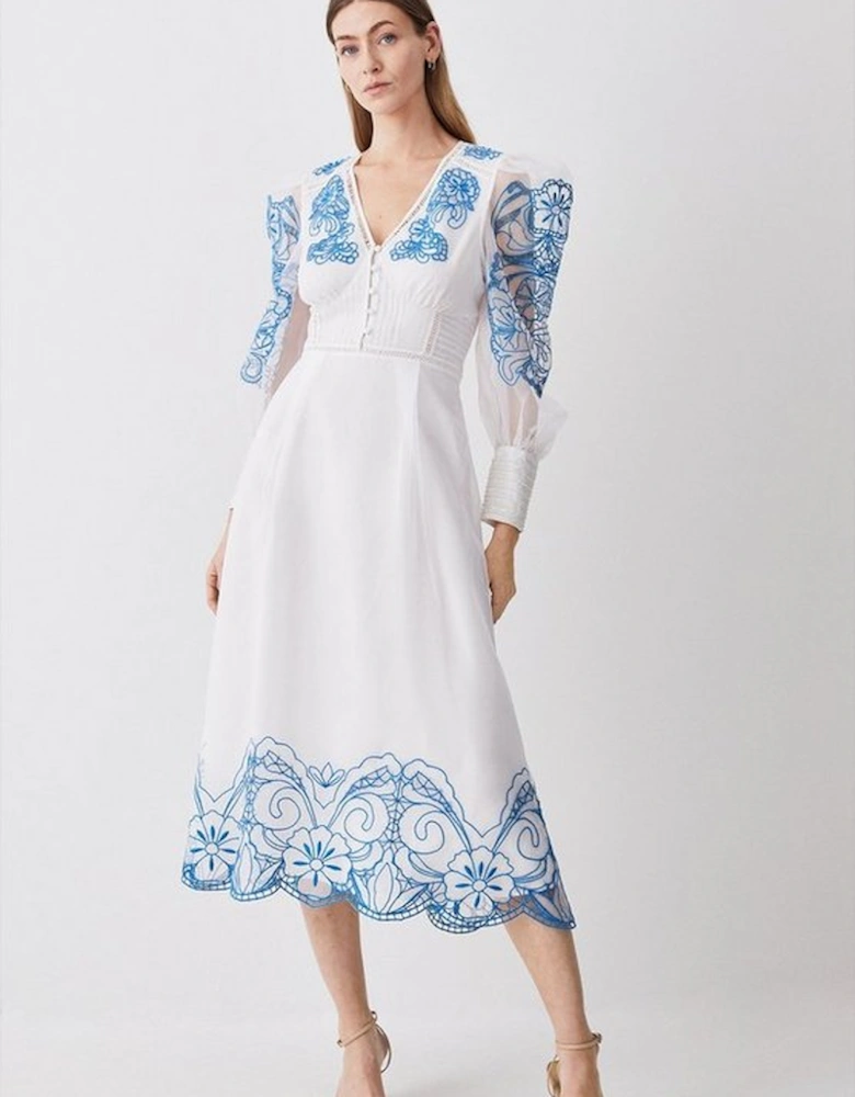 Cutwork Organdie Buttoned Woven Midi Dress