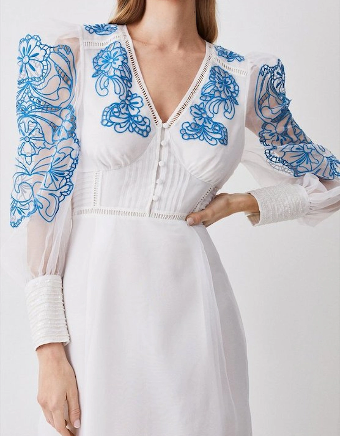 Cutwork Organdie Buttoned Woven Midi Dress