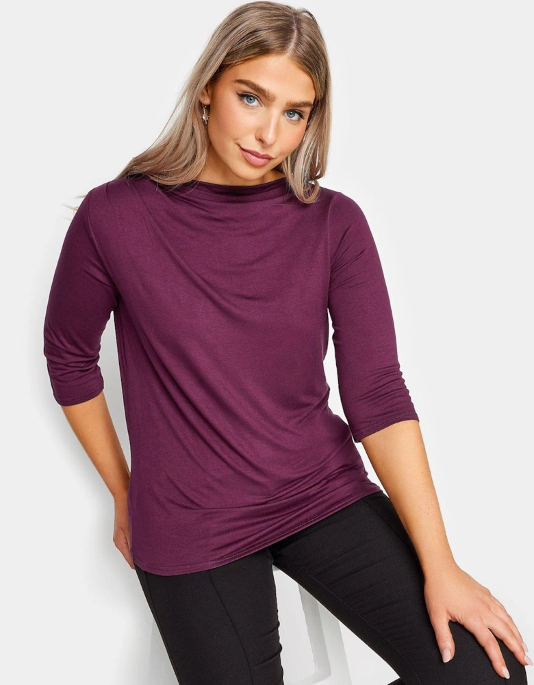 Purple 3/4 Length Sleeve Pleat Neck Top