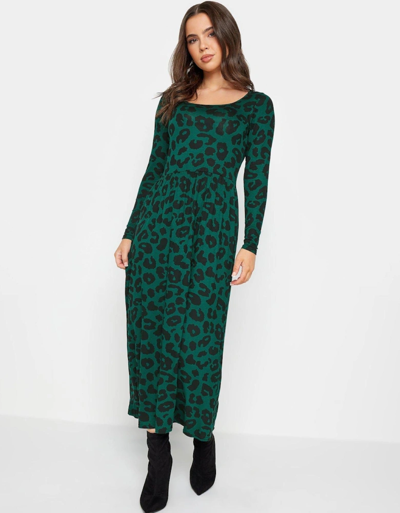 Petite Green Animal Long Sleeve Midi Dress