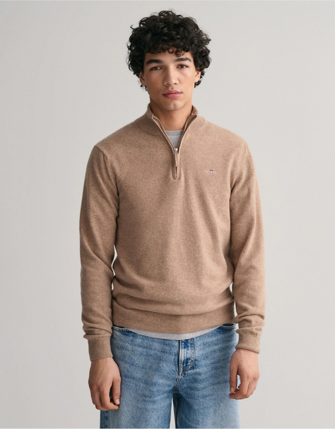Superfine Lambswool Beige Half-Zip Sweater