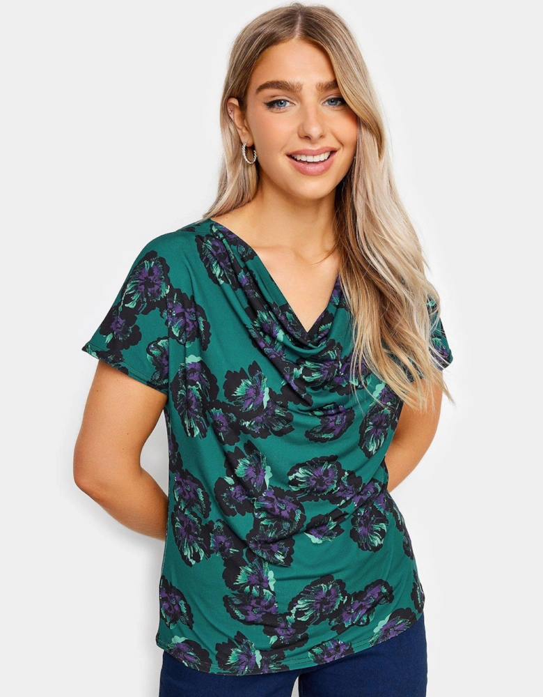 Green Floral Cowl Neck Top