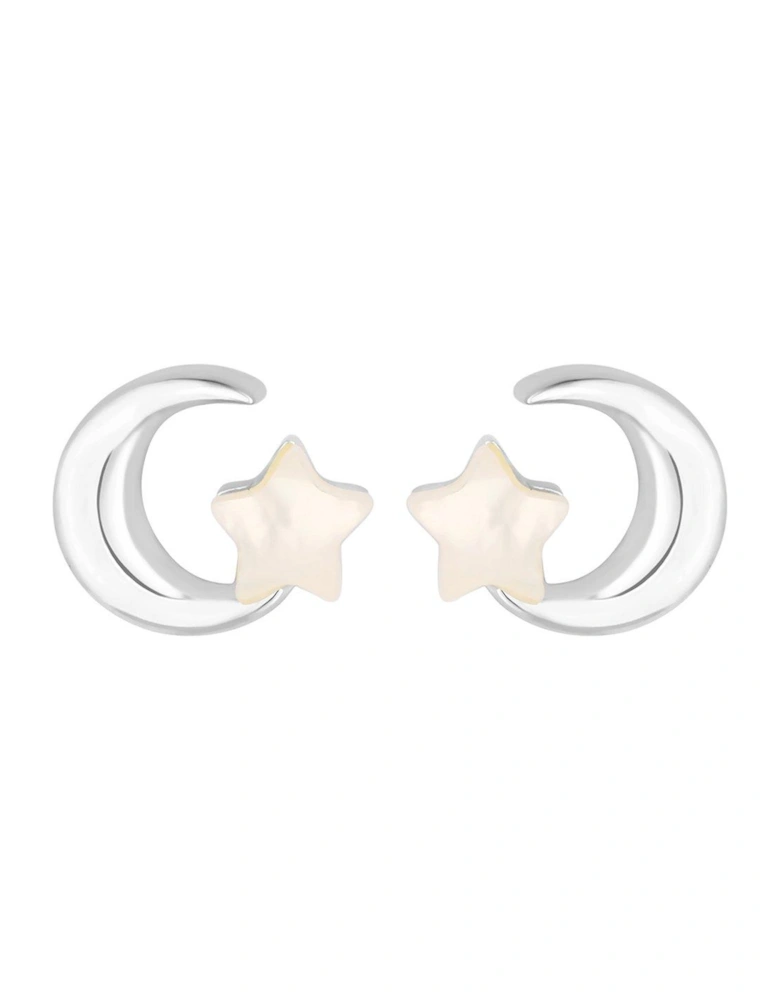 Sterling Silver 925 Polished Moon And Mother Of Pearl Stud Earrings