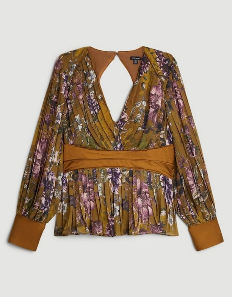 Plus Size Sketched Botanical Pleated Woven Blouse