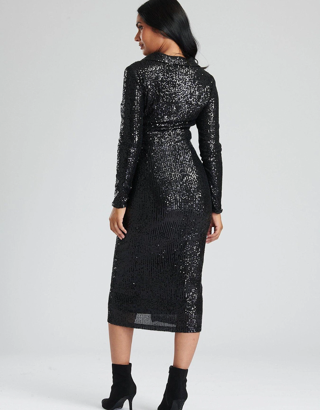 Black Sequin Midi Shirt Dress