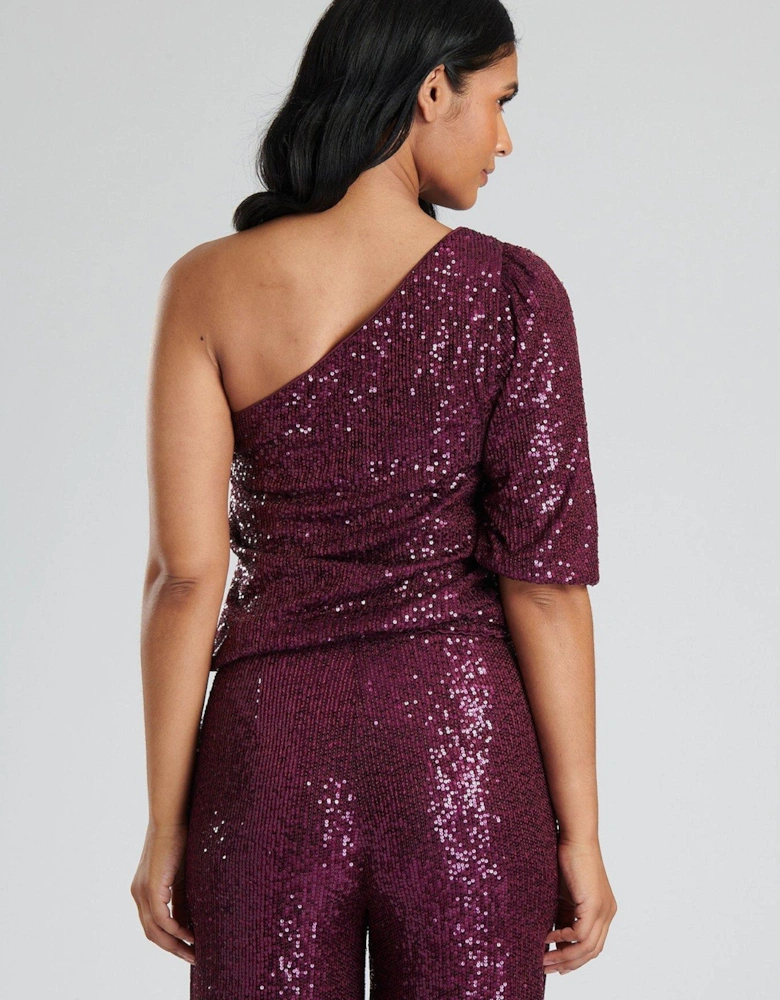 Amethyst Sequin One Shoulder Puff Sleeve Blouse