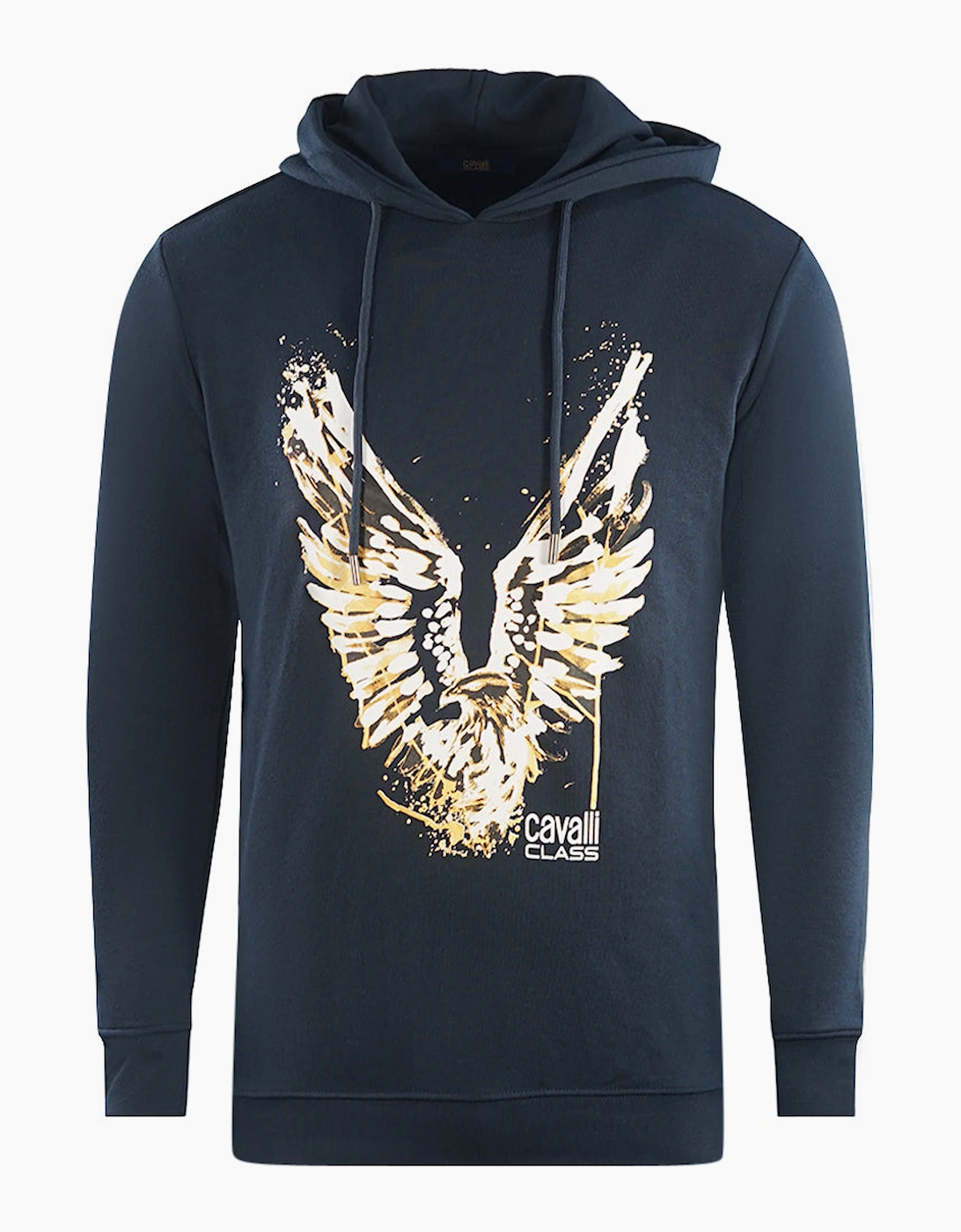 Roberto Cavalli Men's Black Cavalli Class Golden Eagle Logo Navy Blue Hoodie - Size: 44