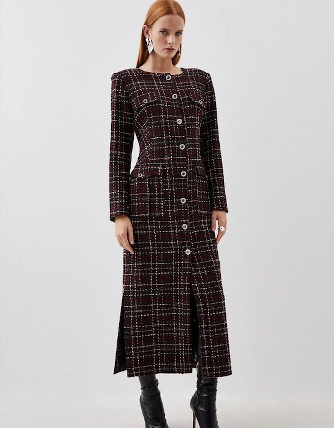Tailored Check Boucle Pocket Detail Long Sleeve Midi Dress, 5 of 4