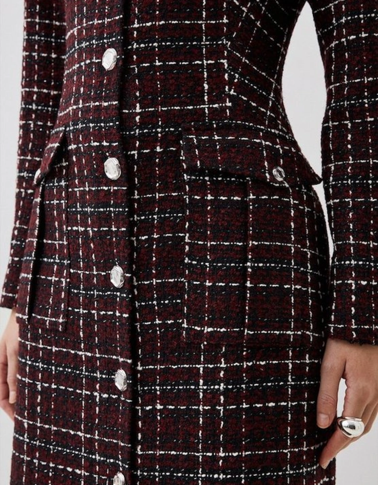 Tailored Check Boucle Pocket Detail Long Sleeve Midi Dress