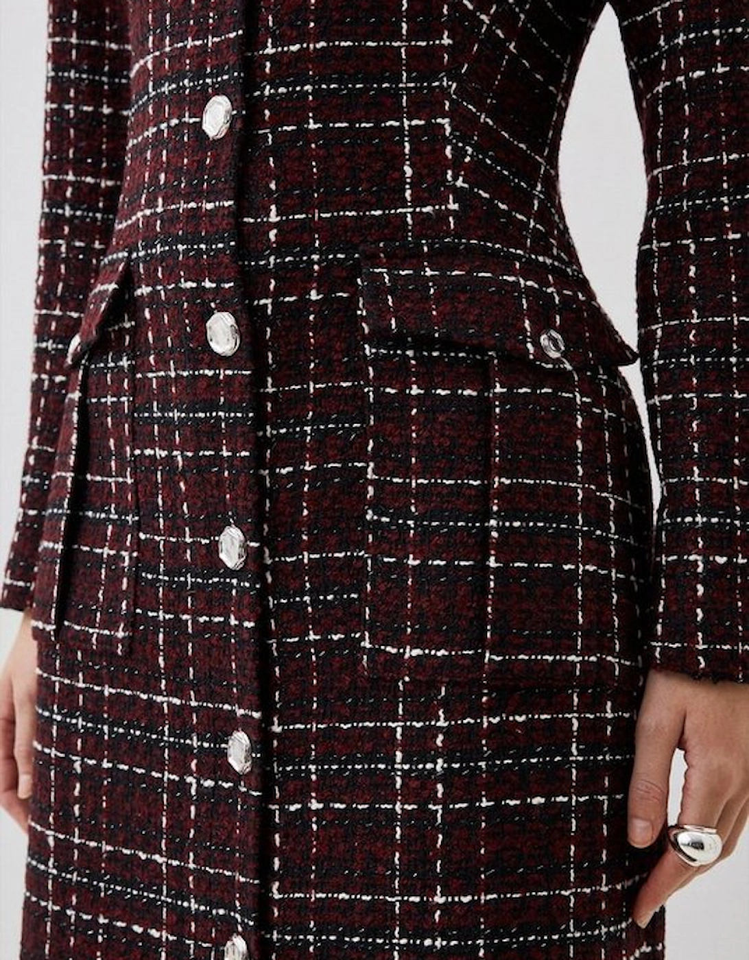 Tailored Check Boucle Pocket Detail Long Sleeve Midi Dress