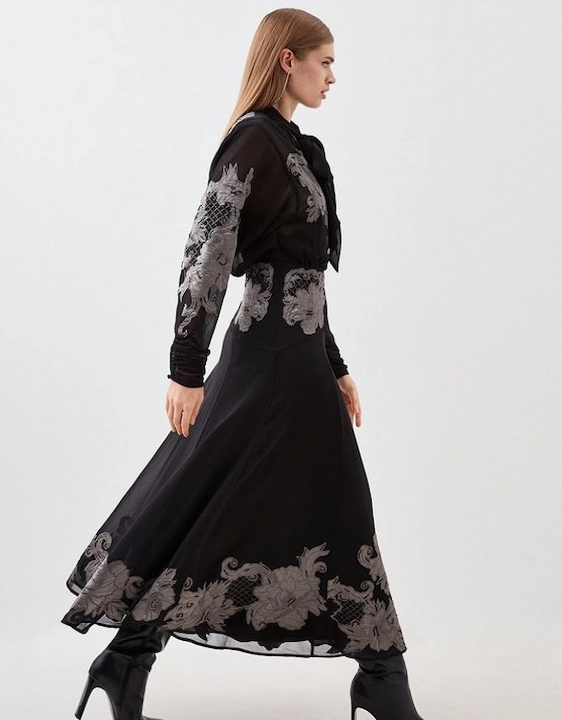 Velvet Applique Satin Woven Maxi Dress