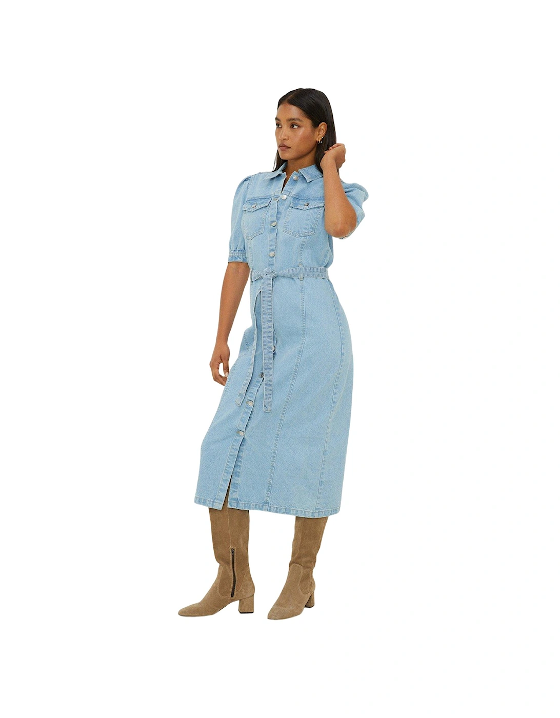 Womens/Ladies Denim Belt Midi Shirt Dress, 4 of 3