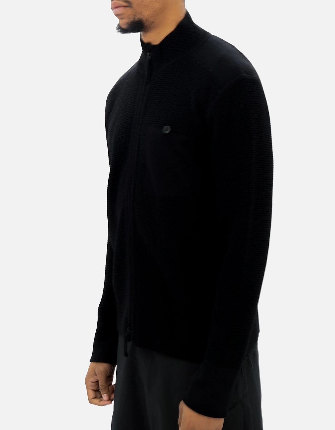 Textured Zip Knitted Black Cardigan