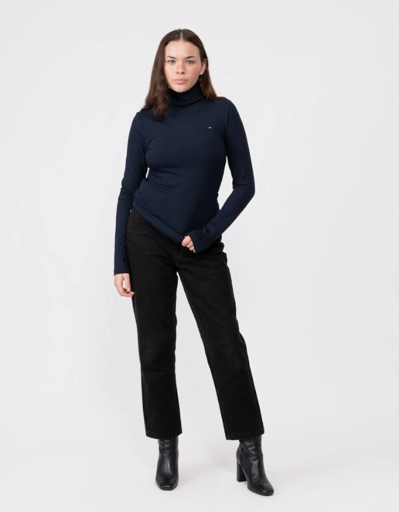 Ribbed Long Sleeve Womens Roll-Neck Top