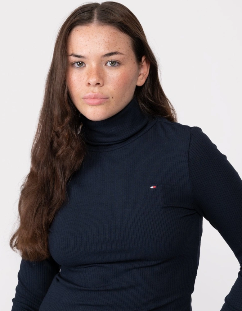 Ribbed Long Sleeve Womens Roll-Neck Top