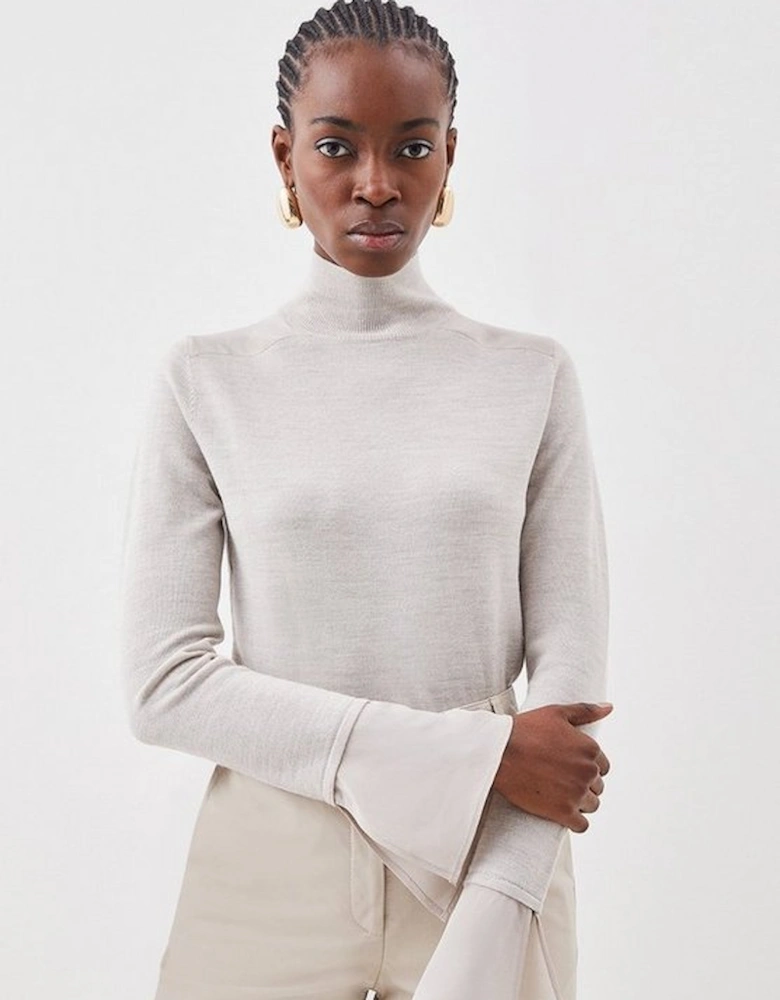 Merino Wool Blend Knit Jumper With Silk Cuffs