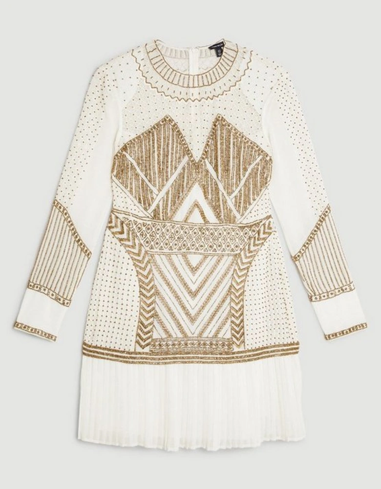 Gold Embellished Pleated Woven Mini Dress