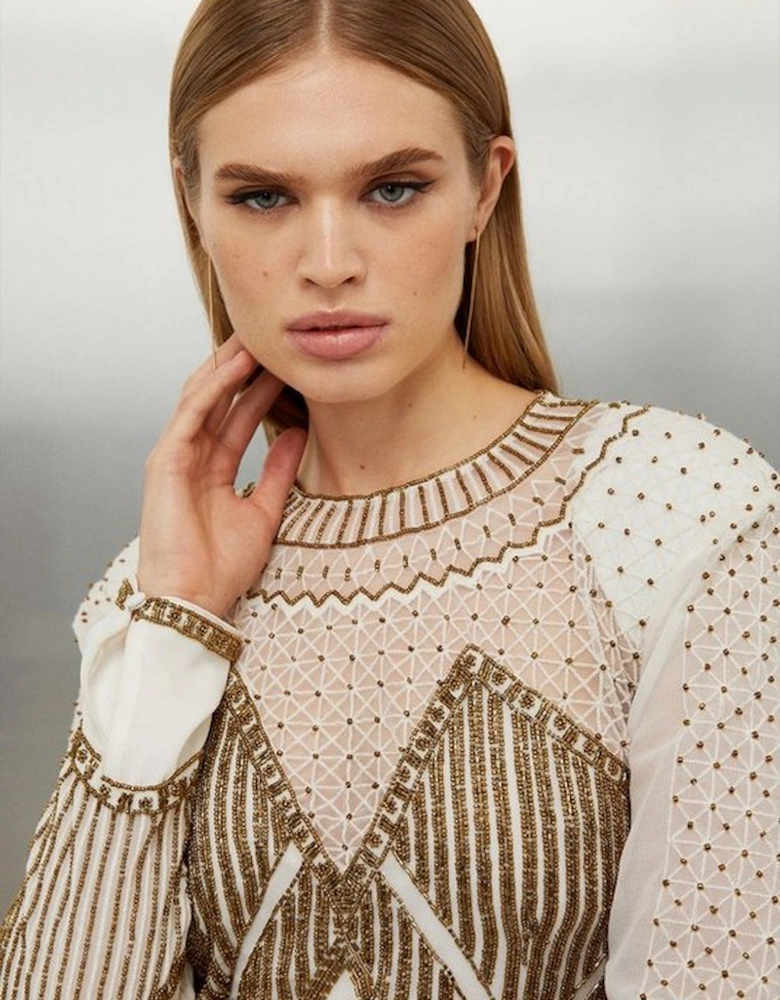 Gold Embellished Pleated Woven Mini Dress