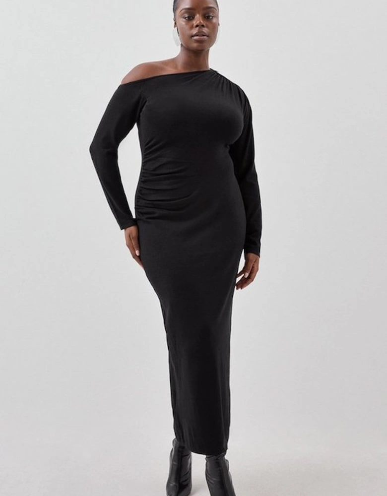 Plus Size Viscose Blend Asymmetric Ruched Knit Maxi Dress