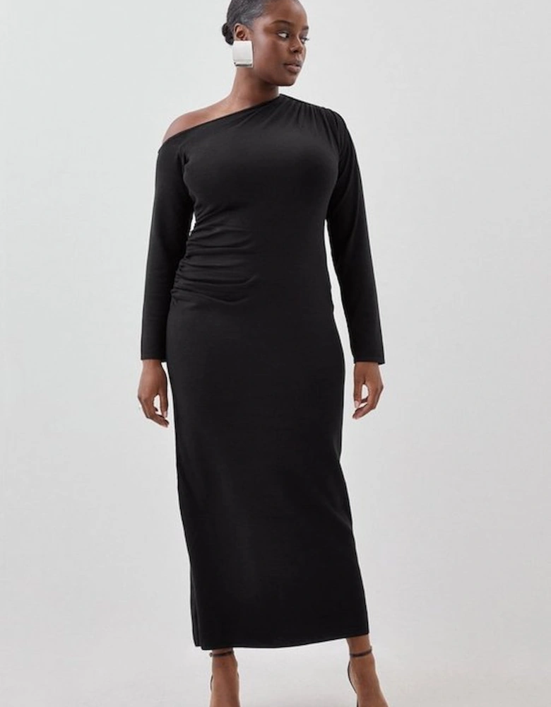 Plus Size Viscose Blend Asymmetric Ruched Knit Maxi Dress