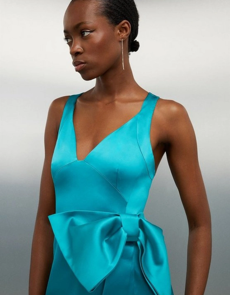 Italian Satin Bow Detail Cross Back Midi Dress