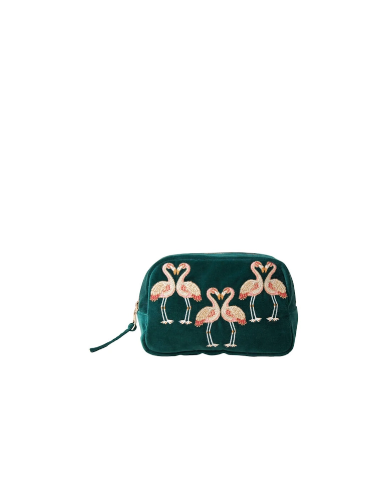 Flamingo Emerald Velvet Cosmetics Bag