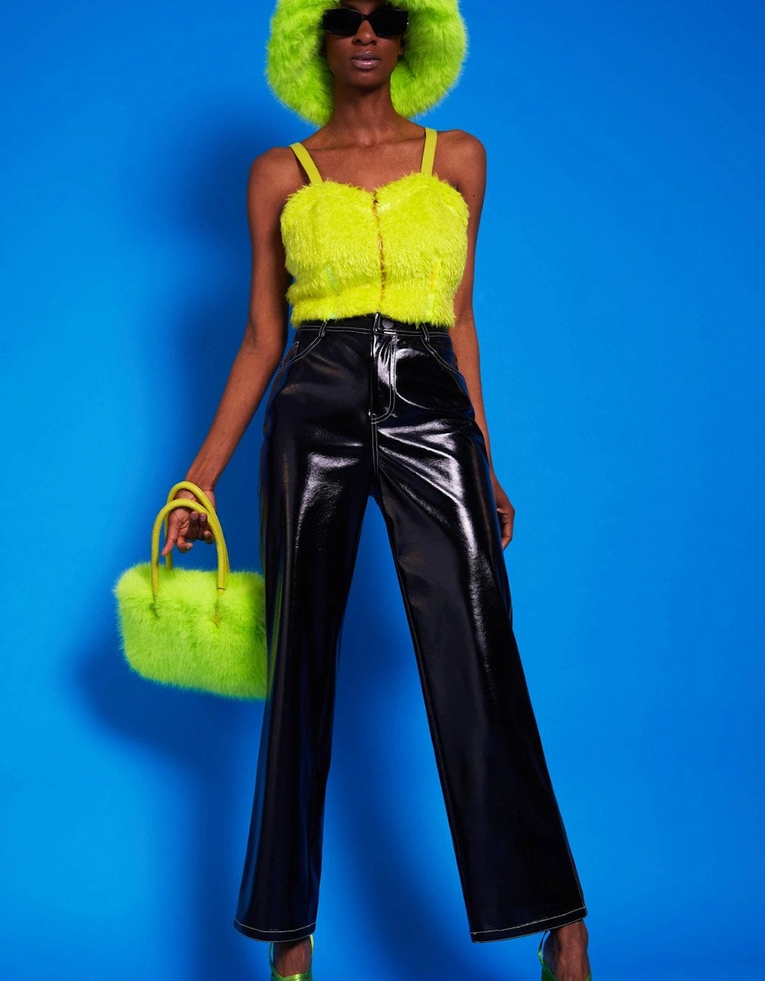 Lime Green Faux Fur Zip Crop Top