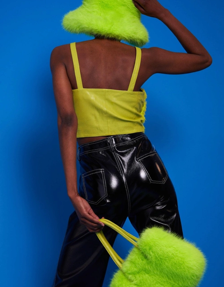 Lime Green Faux Fur Zip Crop Top