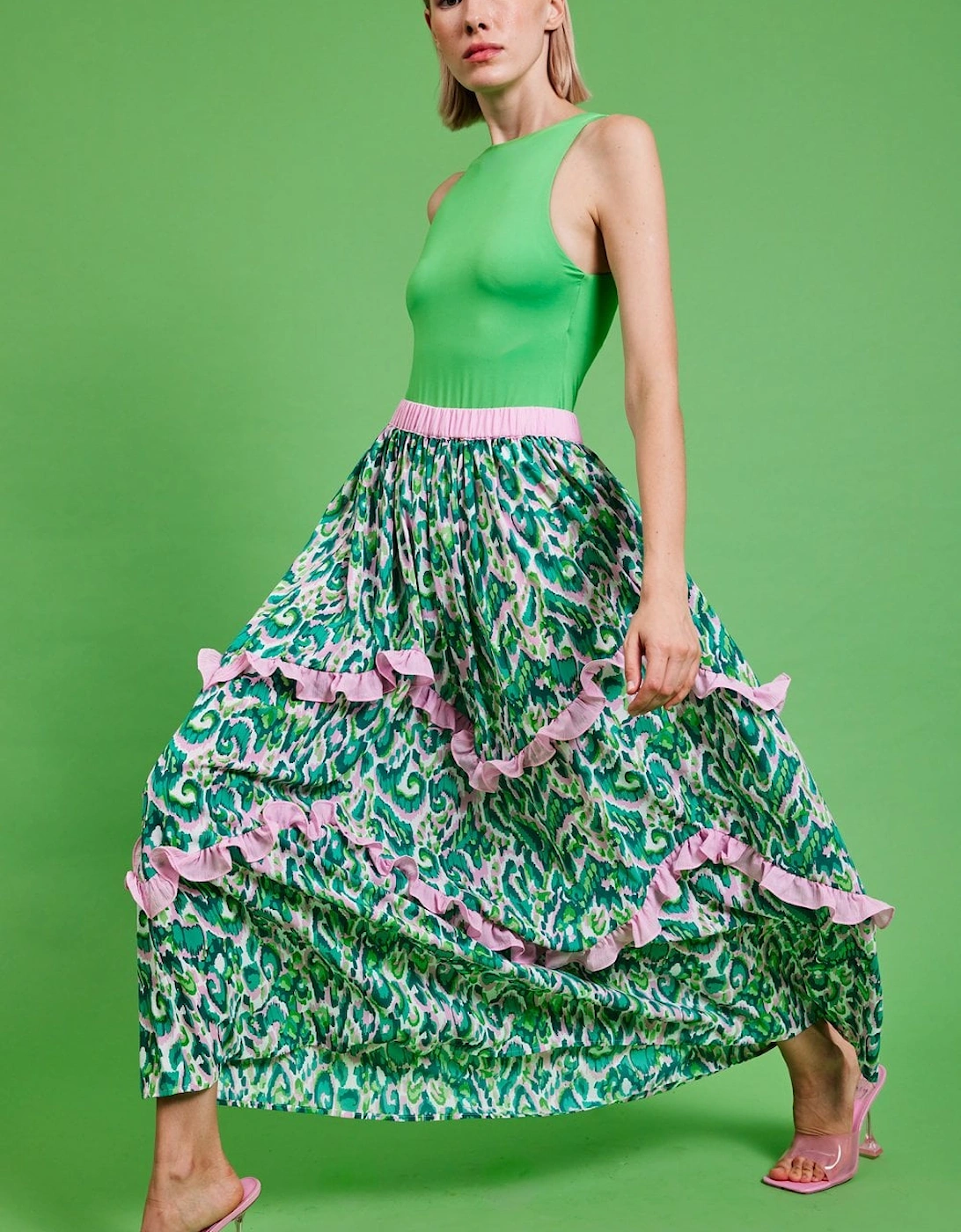 Silk Blend Two tones Floral Maxi Skirt