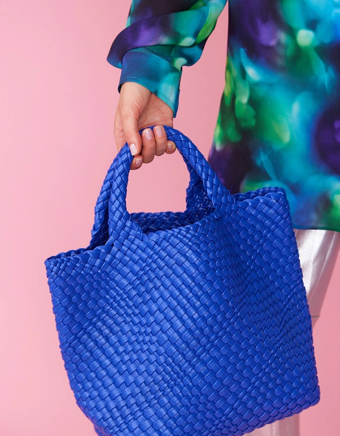 Blue Hand Knitted Leather Tote Bag with Matching Purse