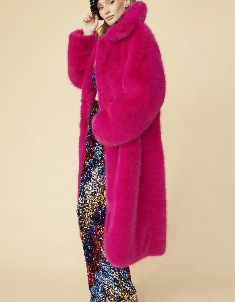 Pink Knitted Bamboo Faux Fur Maxi Coat