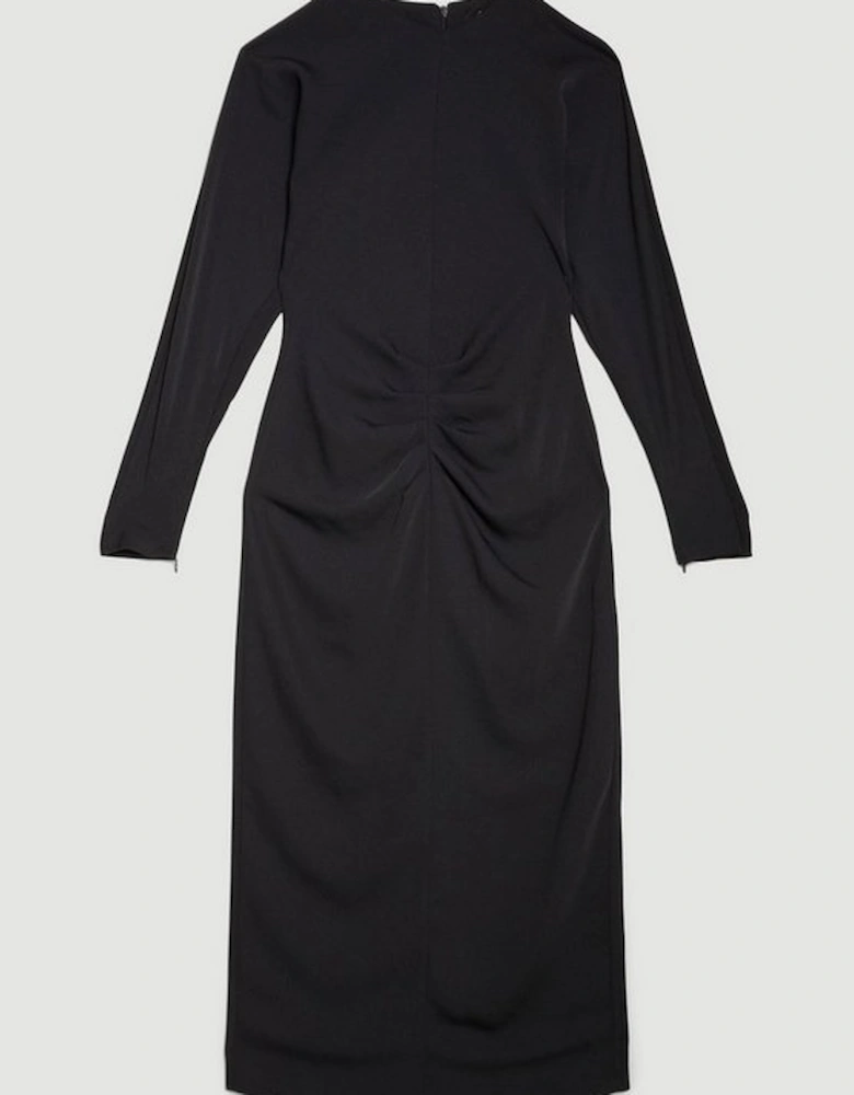 Ruched Crepe Rounded Sleeve Midi Dress