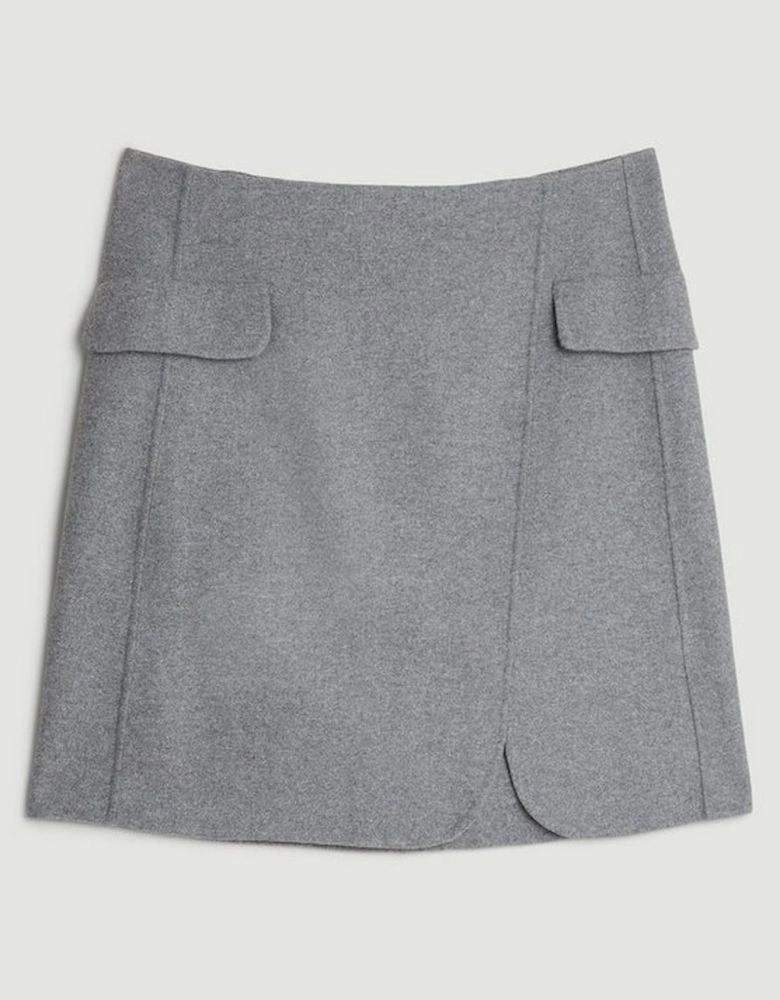 Tailored Double Faced Wool Blend Pocket Detail Mini Wrap Skirt