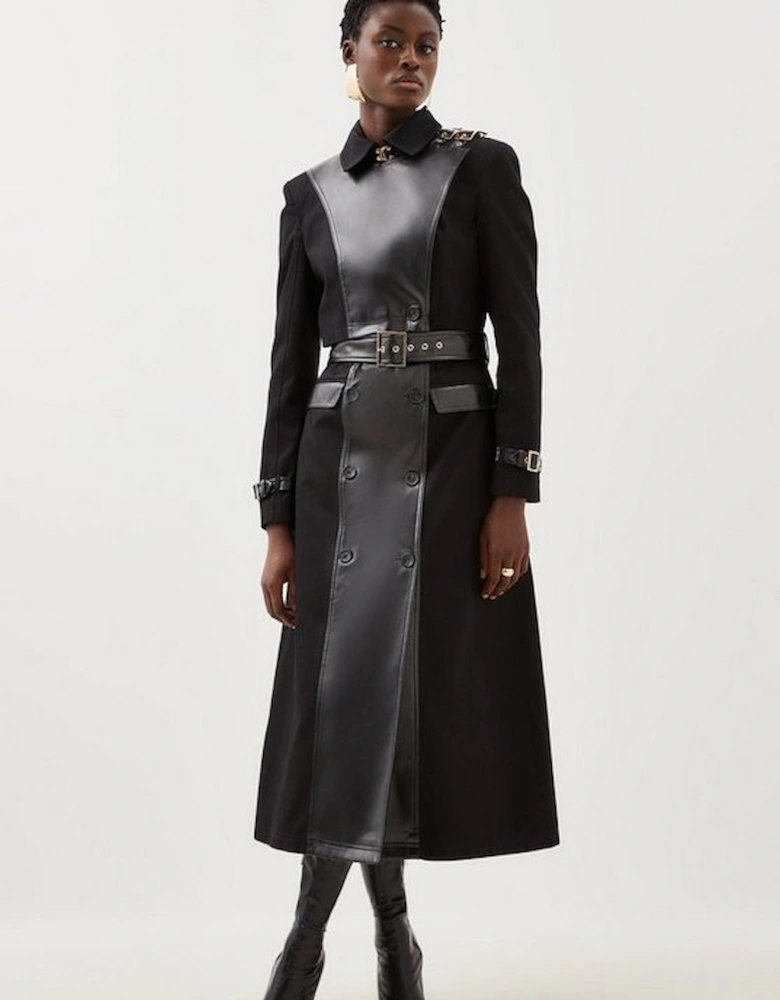 Pu Detail Belted Cotton Maxi Trench Coat