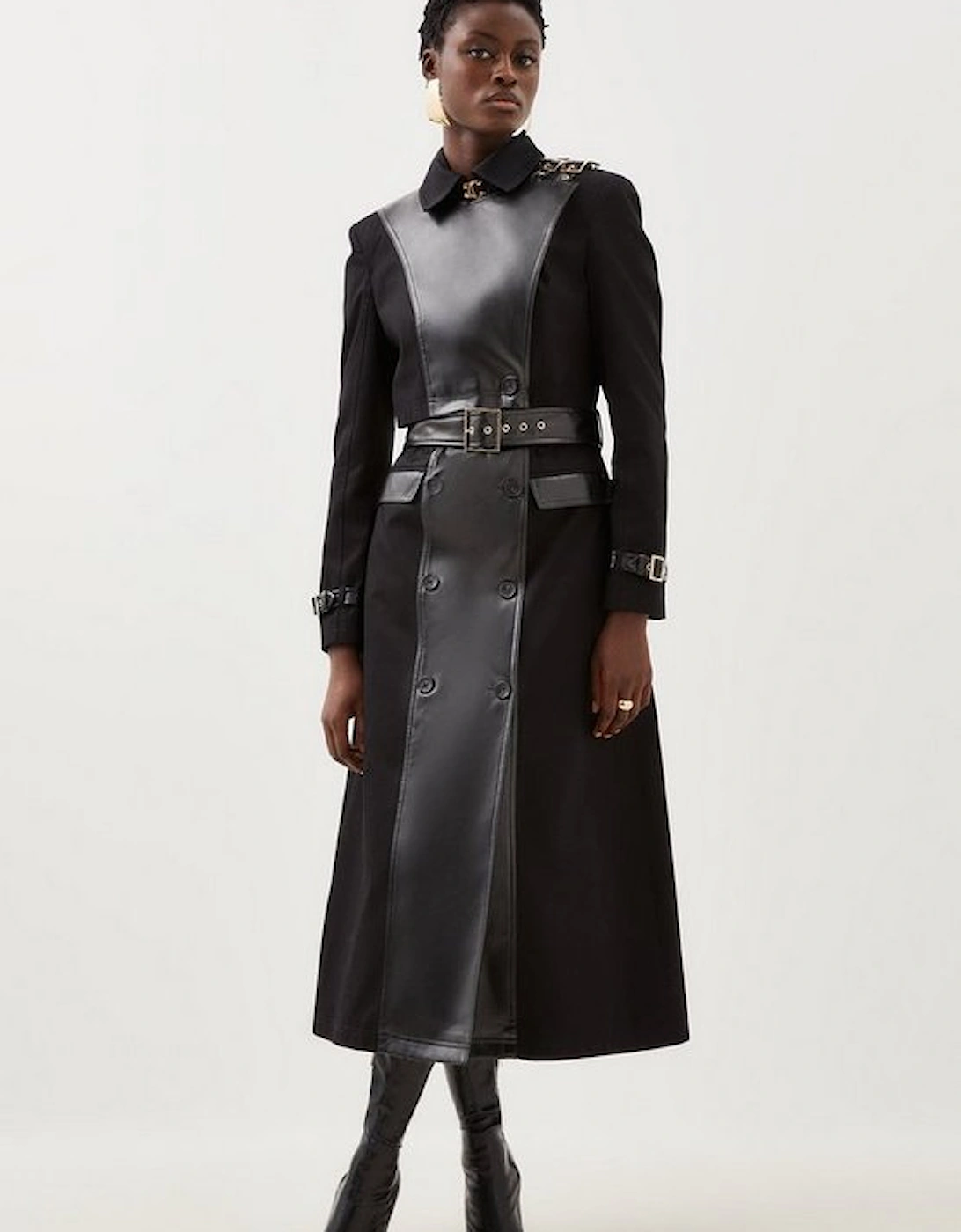 Pu Detail Belted Cotton Maxi Trench Coat, 5 of 4