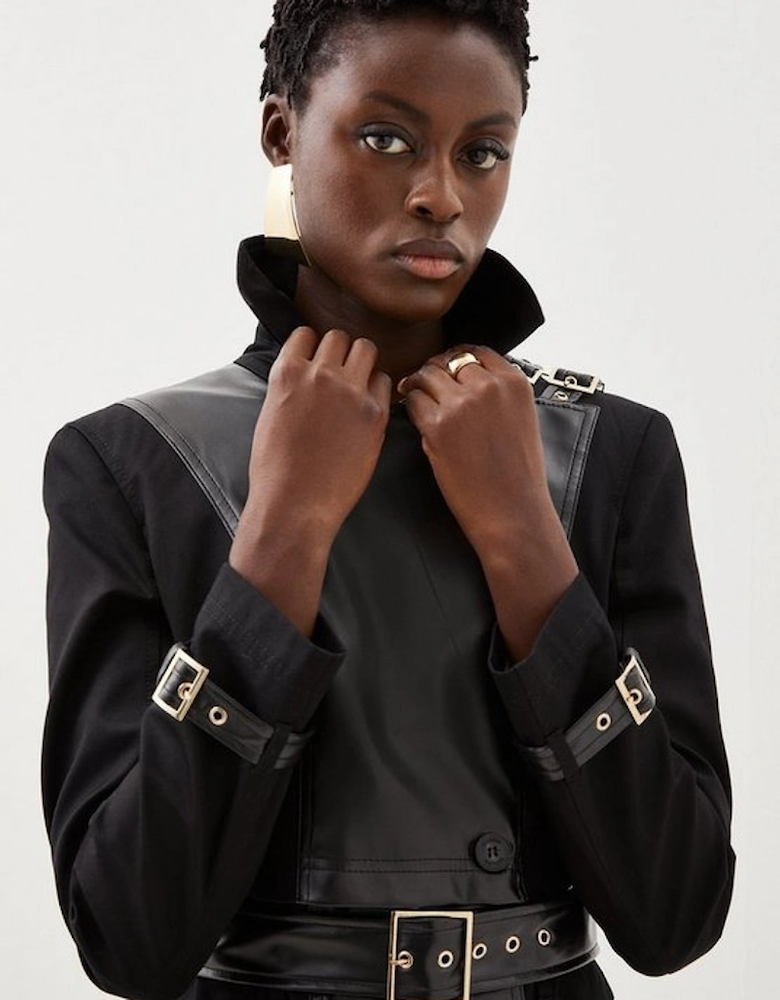 Pu Detail Belted Cotton Maxi Trench Coat