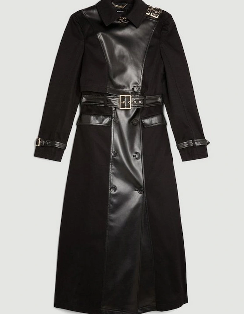 Pu Detail Belted Cotton Maxi Trench Coat