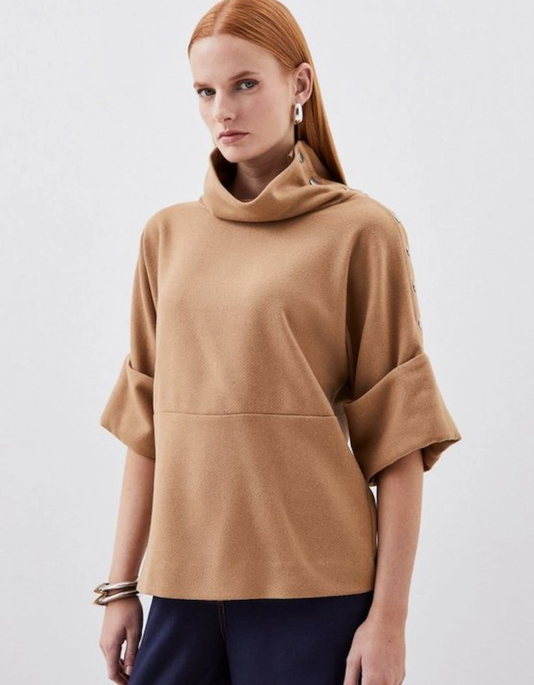 Tailored Double Faced Wool Blend Mock Neck Top