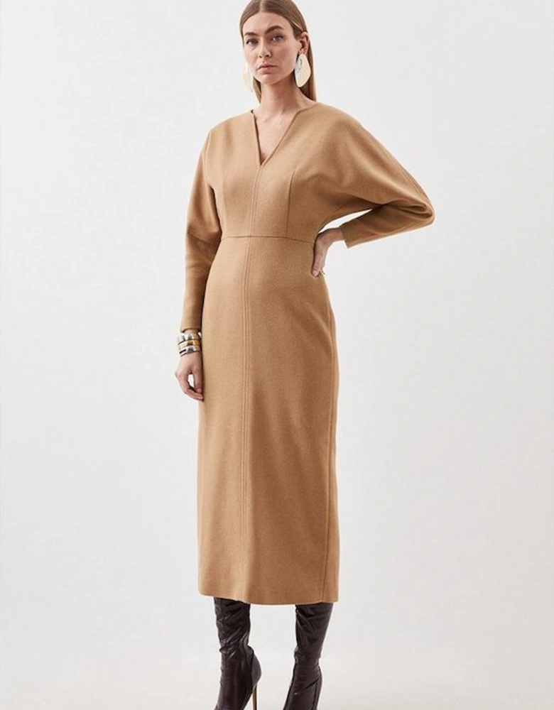 Tailored Wool Blend Rounded Sleeve Double Faced Midi Dress