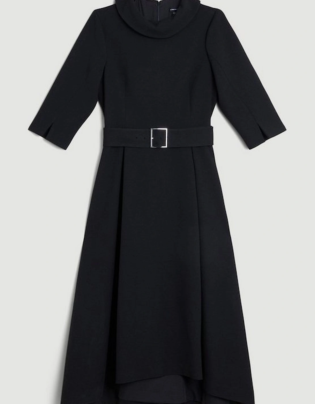 Structured Crepe Roll Neck Dip Hem Midi Dress