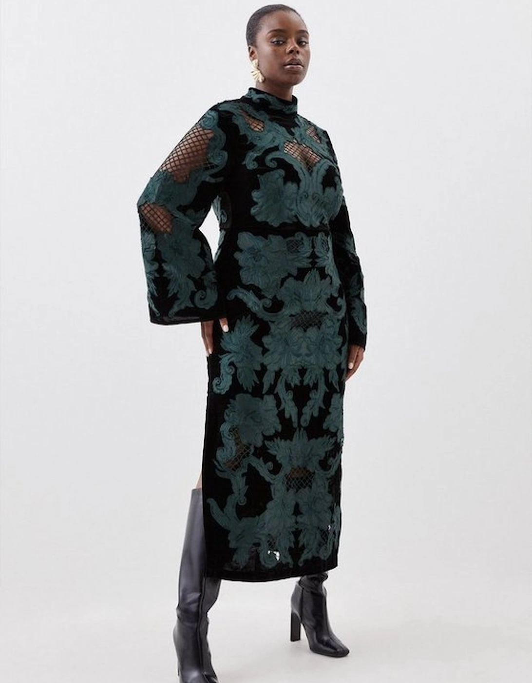 Plus Size Velvet Applique Satin Woven Maxi Dress, 9 of 8