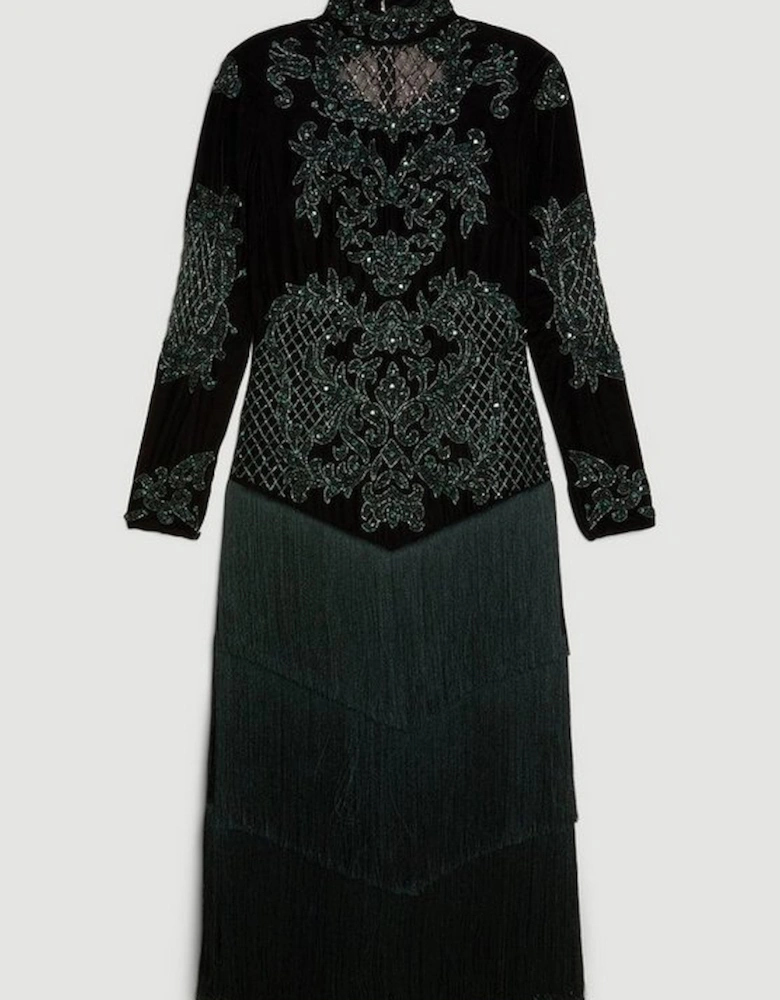 Velvet Baroque Fringe Woven Midi Dress