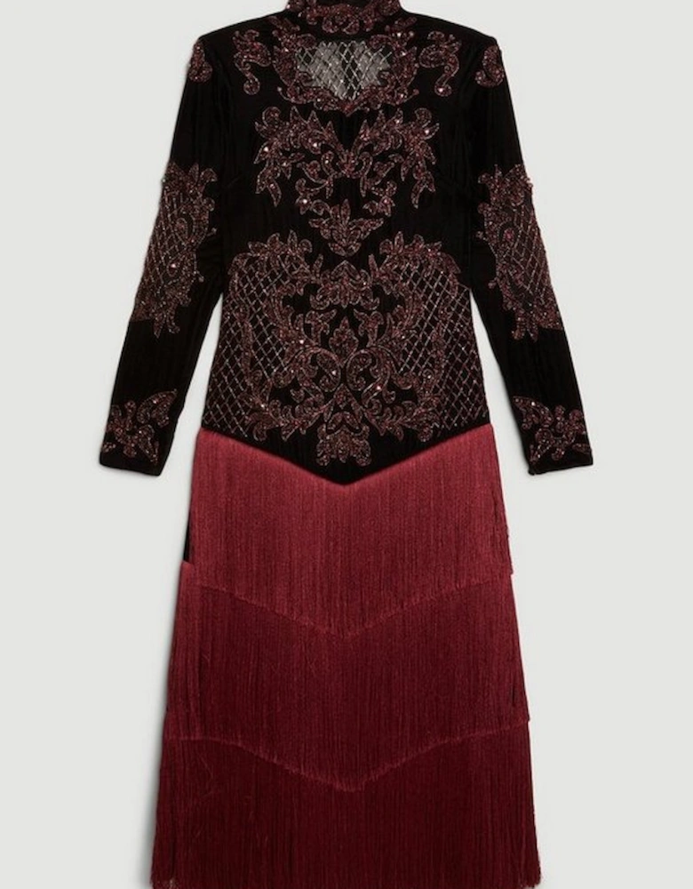 Velvet Baroque Fringe Woven Maxi Dress